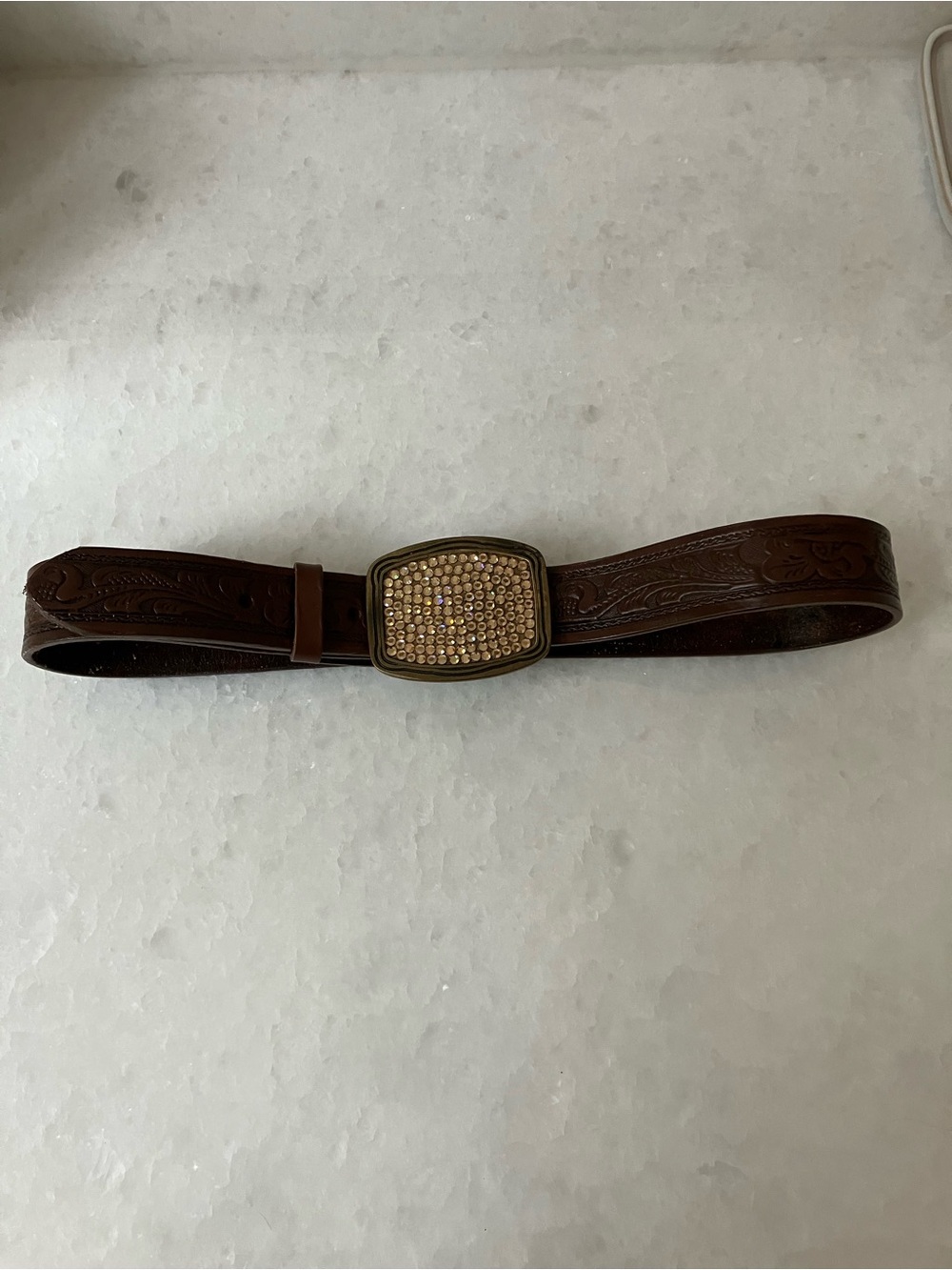 Brown Leather women’s Belt with Decorative Gold-Tone Crystal Buckle